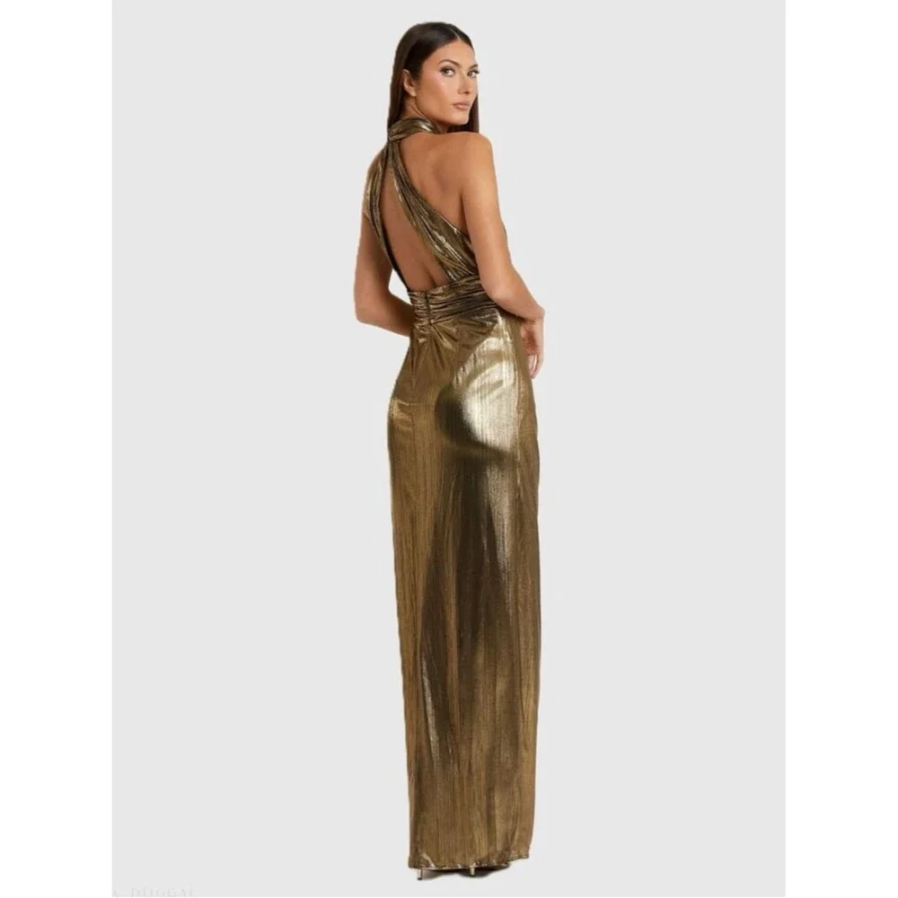 NEW Ieena for Mac Duggal 26738 Gold Metallic Criss Cross Halter Neck Gown Size 6
